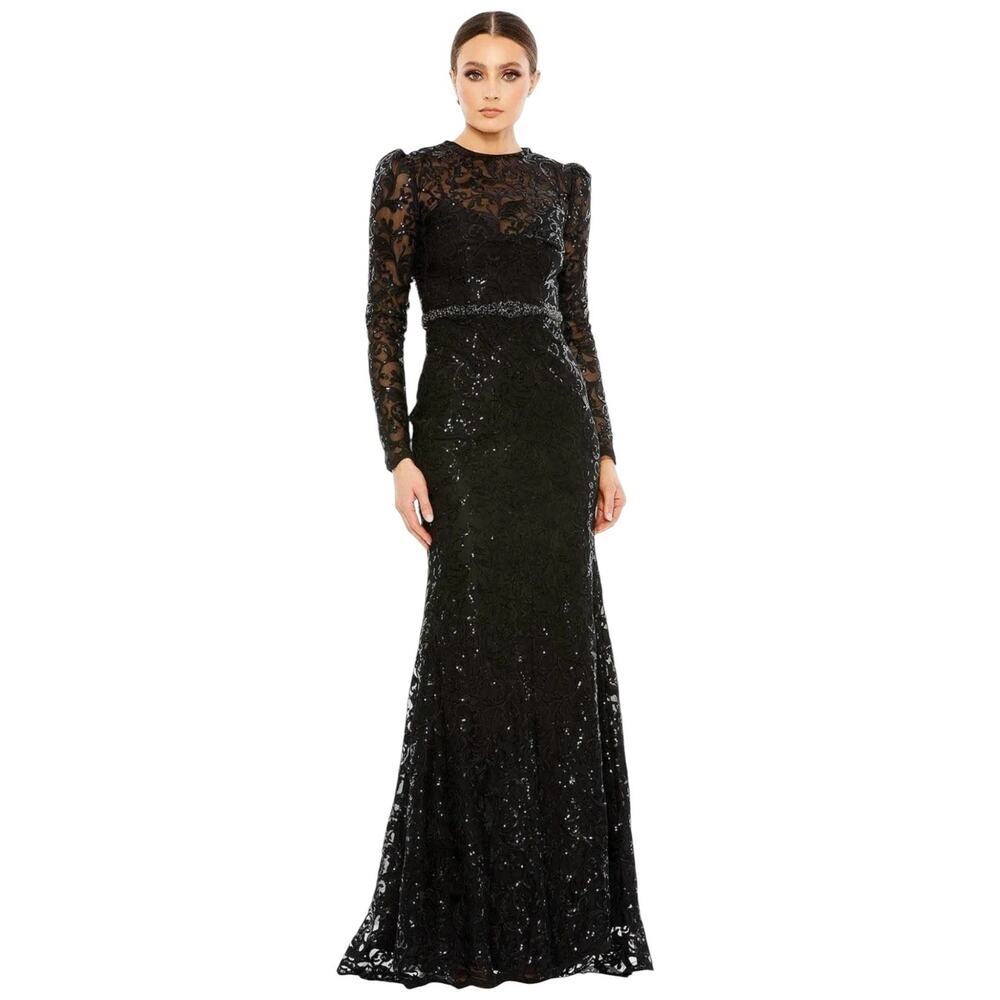 Mac Duggal 68011 Black Embellished Lace Illusion Long Sleeve Gown Size 6 $698 - Picture 1 of 8